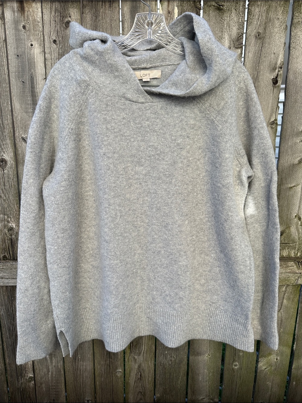 LOFT Gray Hooded Cashmere-Blend Pullover Sweater